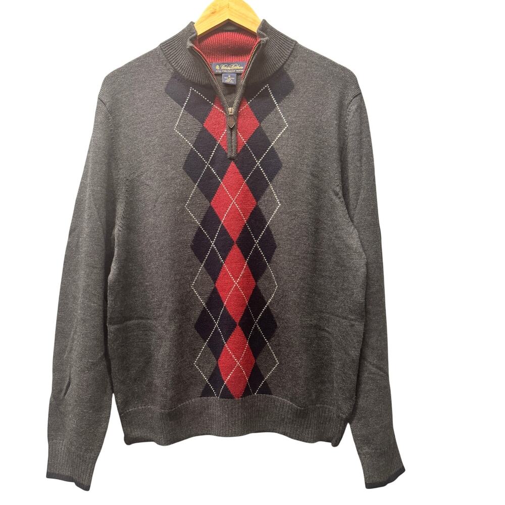 Brooks Brothers Wool Sweater‎ Gray Argyle 1/4 Zip Extra Fine Italian Merino Knit